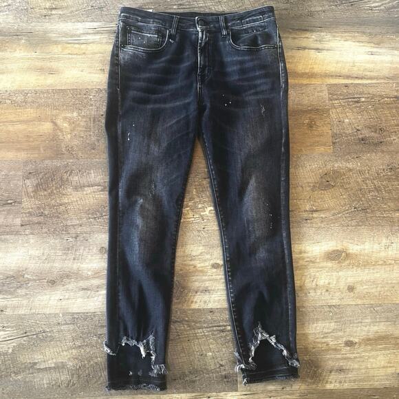 R13 Shredded Hem Black Skinny High Waisted Splatter Jeans Size 30 - Picture 2 of 10